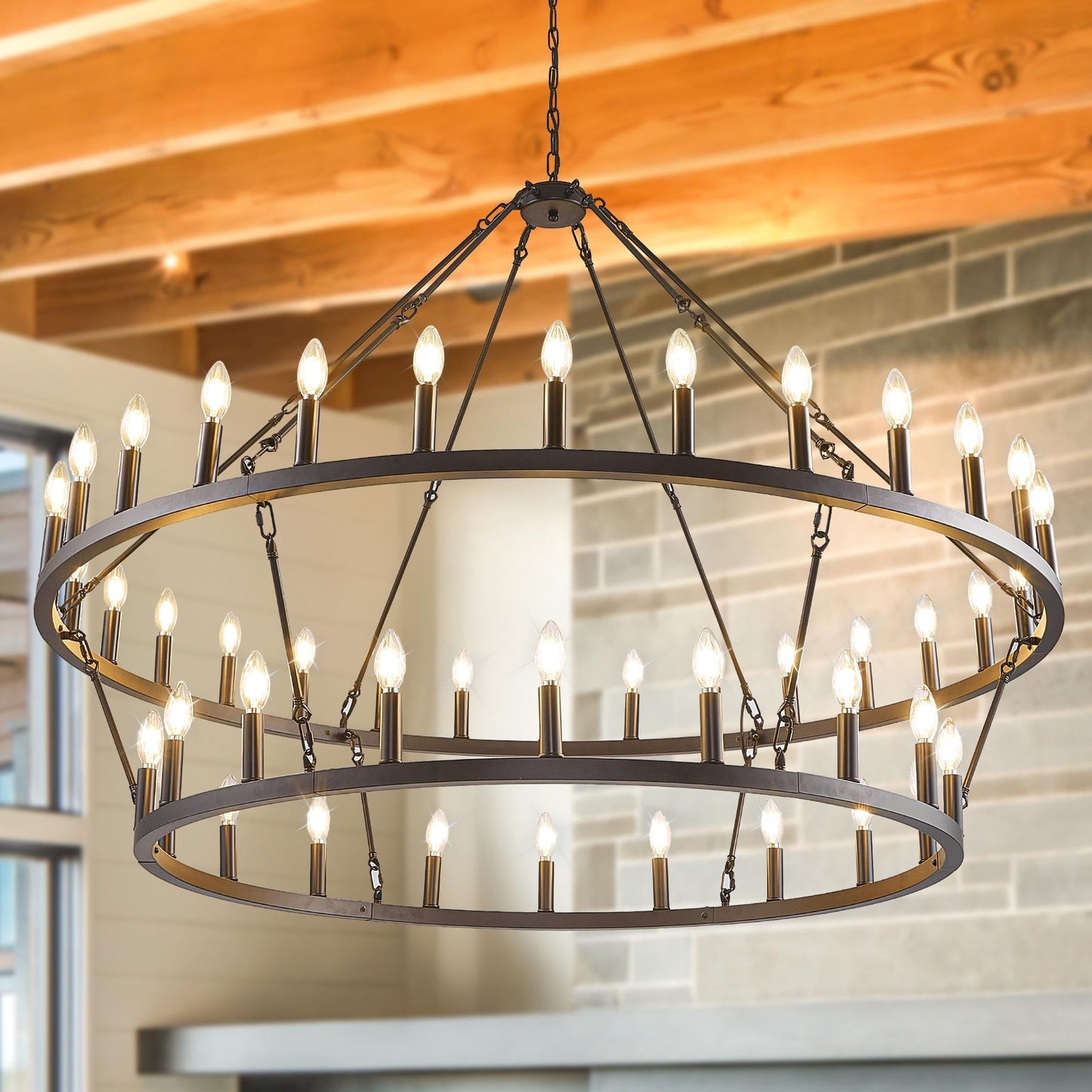 Luminaire suspendu moderne style ferme, lustre à 2 niveaux en forme de roue de charrette, grand luminaire pour plafond haut.