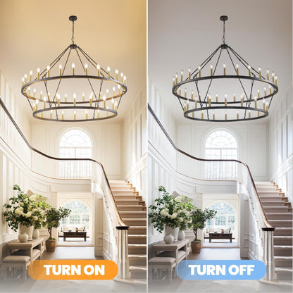 Luminaire suspendu moderne style ferme, lustre à 2 niveaux en forme de roue de charrette, grand luminaire pour plafond haut.