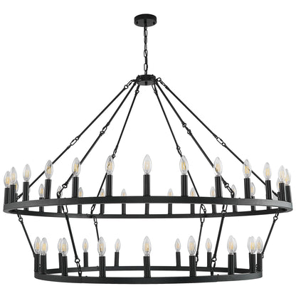 Luminaire suspendu moderne style ferme, lustre à 2 niveaux en forme de roue de charrette, grand luminaire pour plafond haut.