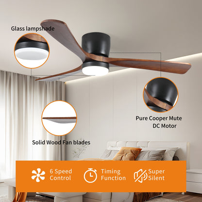 Ventilateur de plafond moderne à montage encastré avec éclairage LED dimmable et télécommande, ventilateur de plafond réversible 42 pouces pour salon, noir.