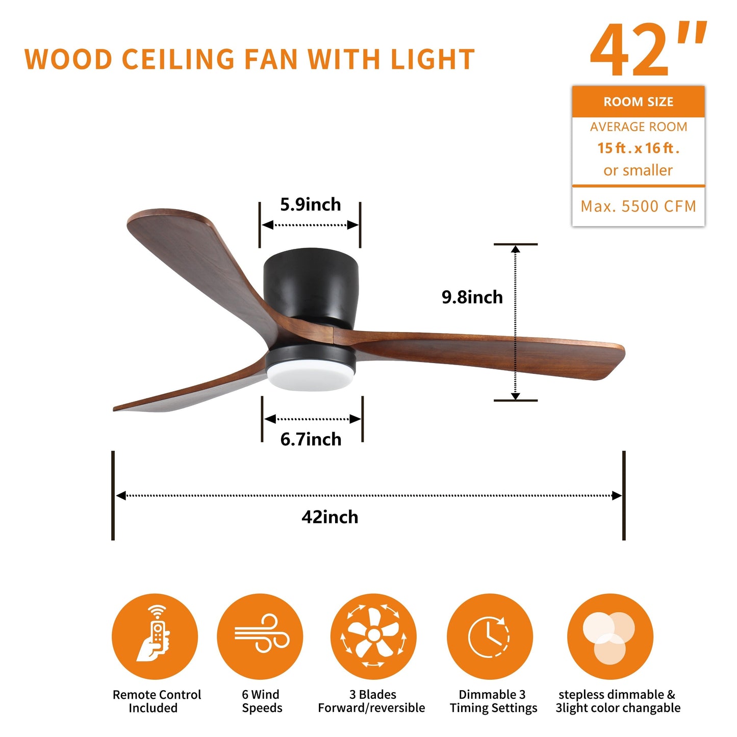 Ventilateur de plafond moderne à montage encastré avec éclairage LED dimmable et télécommande, ventilateur de plafond réversible 42 pouces pour salon, noir.