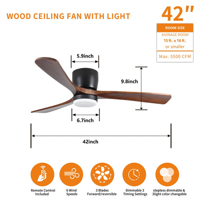 Ventilateur de plafond moderne à montage encastré avec éclairage LED dimmable et télécommande, ventilateur de plafond réversible 42 pouces pour salon, noir.