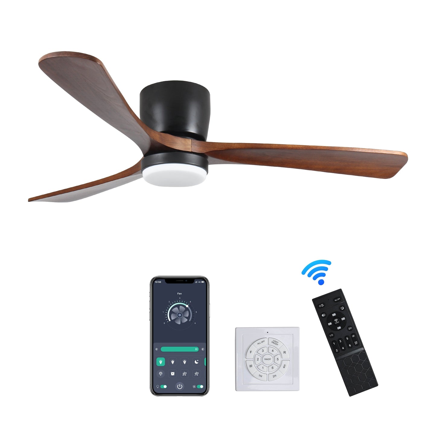 Ventilateur de plafond moderne à montage encastré avec éclairage LED dimmable et télécommande, ventilateur de plafond réversible 42 pouces pour salon, noir.