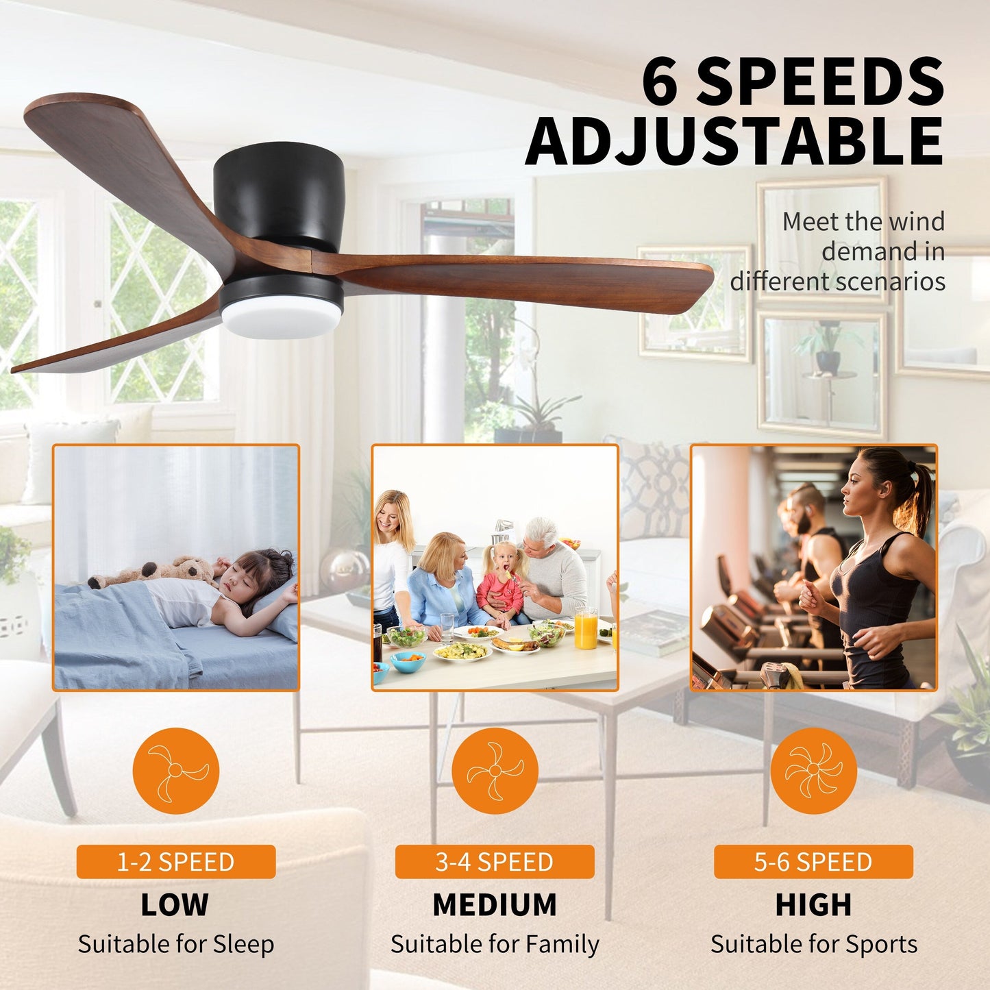Ventilateur de plafond moderne à montage encastré avec éclairage LED dimmable et télécommande, ventilateur de plafond réversible 42 pouces pour salon, noir.