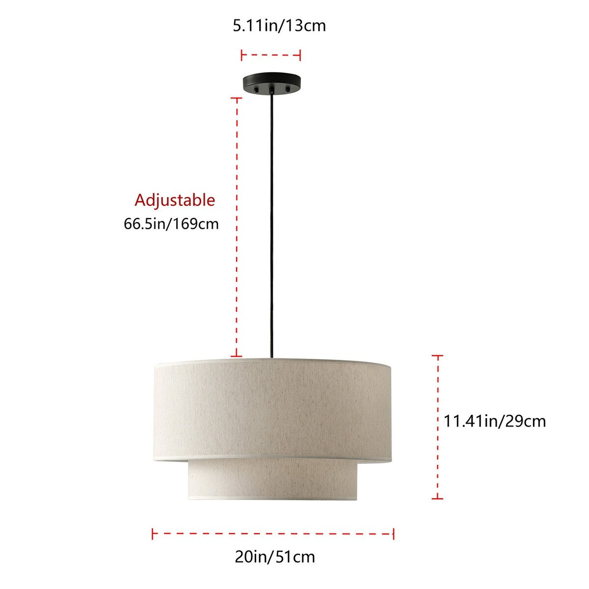 Suspension moderne en forme de tambour blanc cassé avec abat-jour en tissu de lin à 2 niveaux