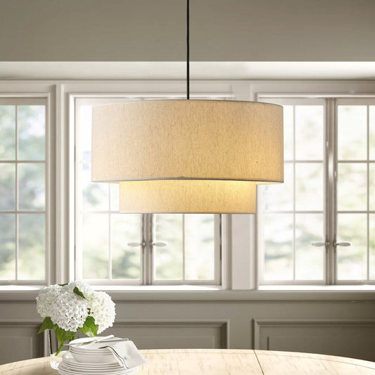 Suspension moderne en forme de tambour blanc cassé avec abat-jour en tissu de lin à 2 niveaux