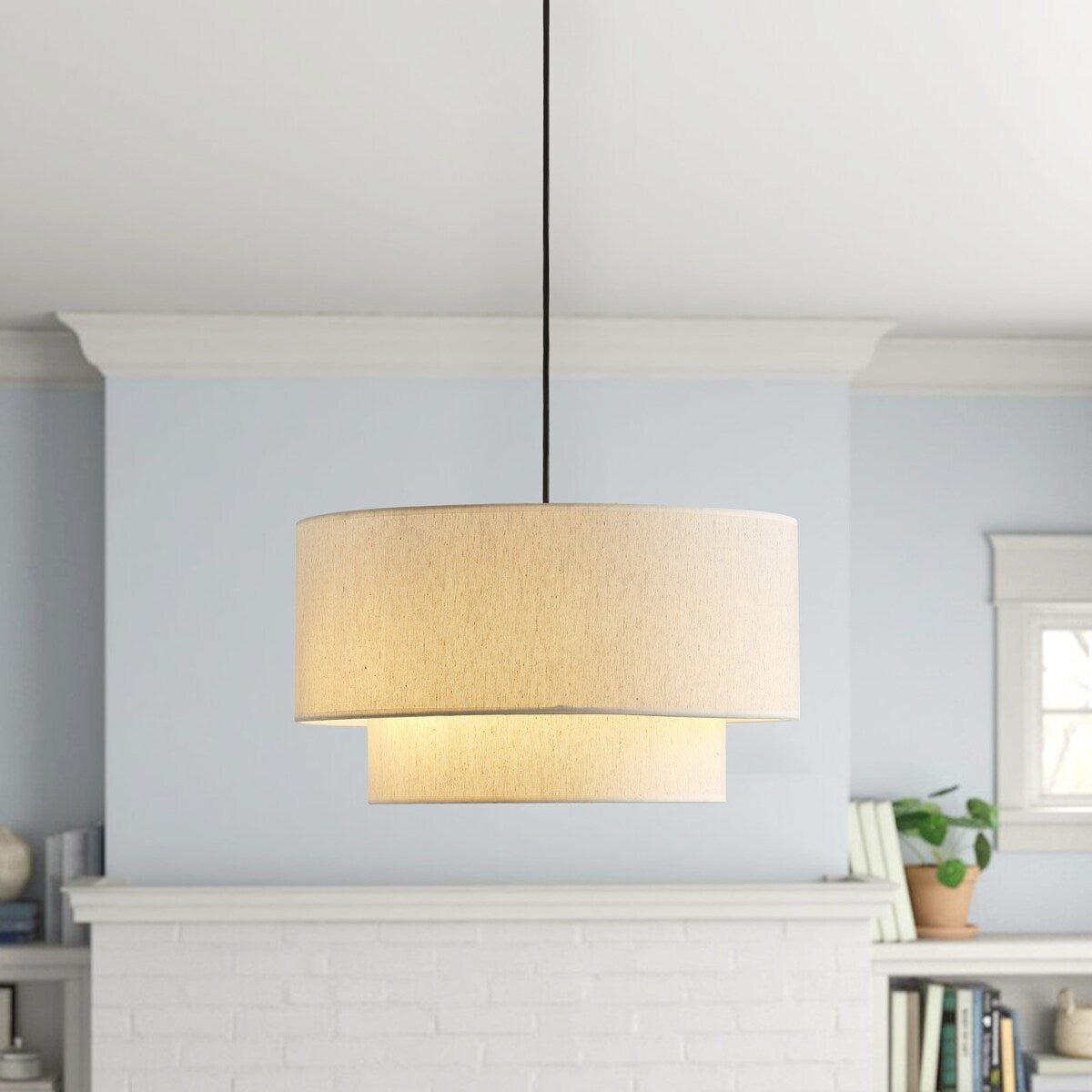 Suspension moderne en forme de tambour blanc cassé avec abat-jour en tissu de lin à 2 niveaux