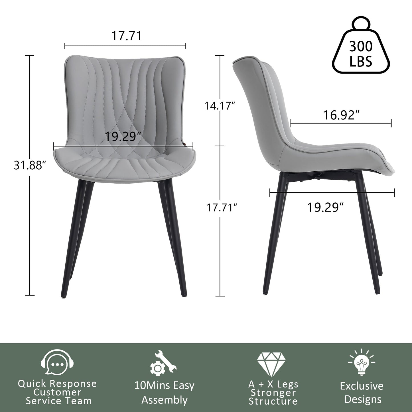 Lot de 2 chaises de salle à manger modernes en cuir capitonné sans accoudoirs