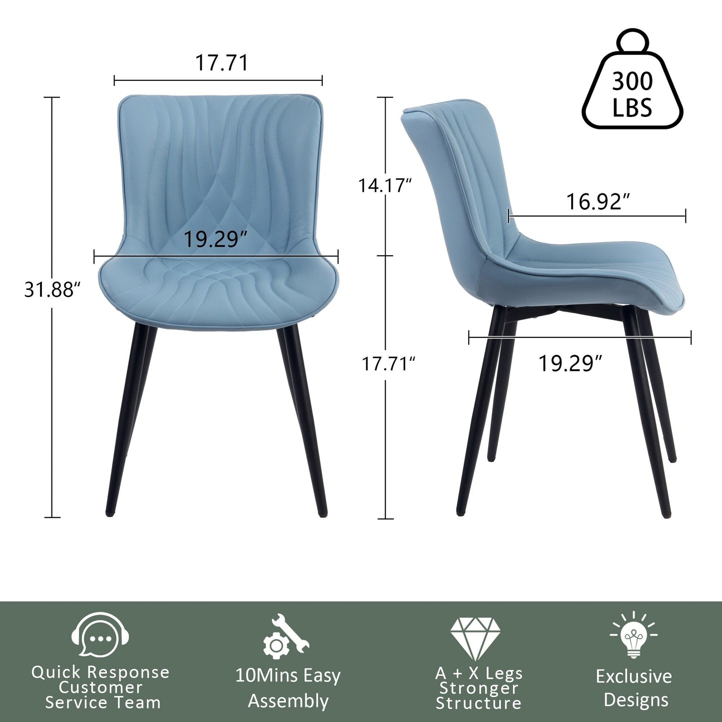 Lot de 2 chaises de salle à manger modernes en cuir capitonné sans accoudoirs