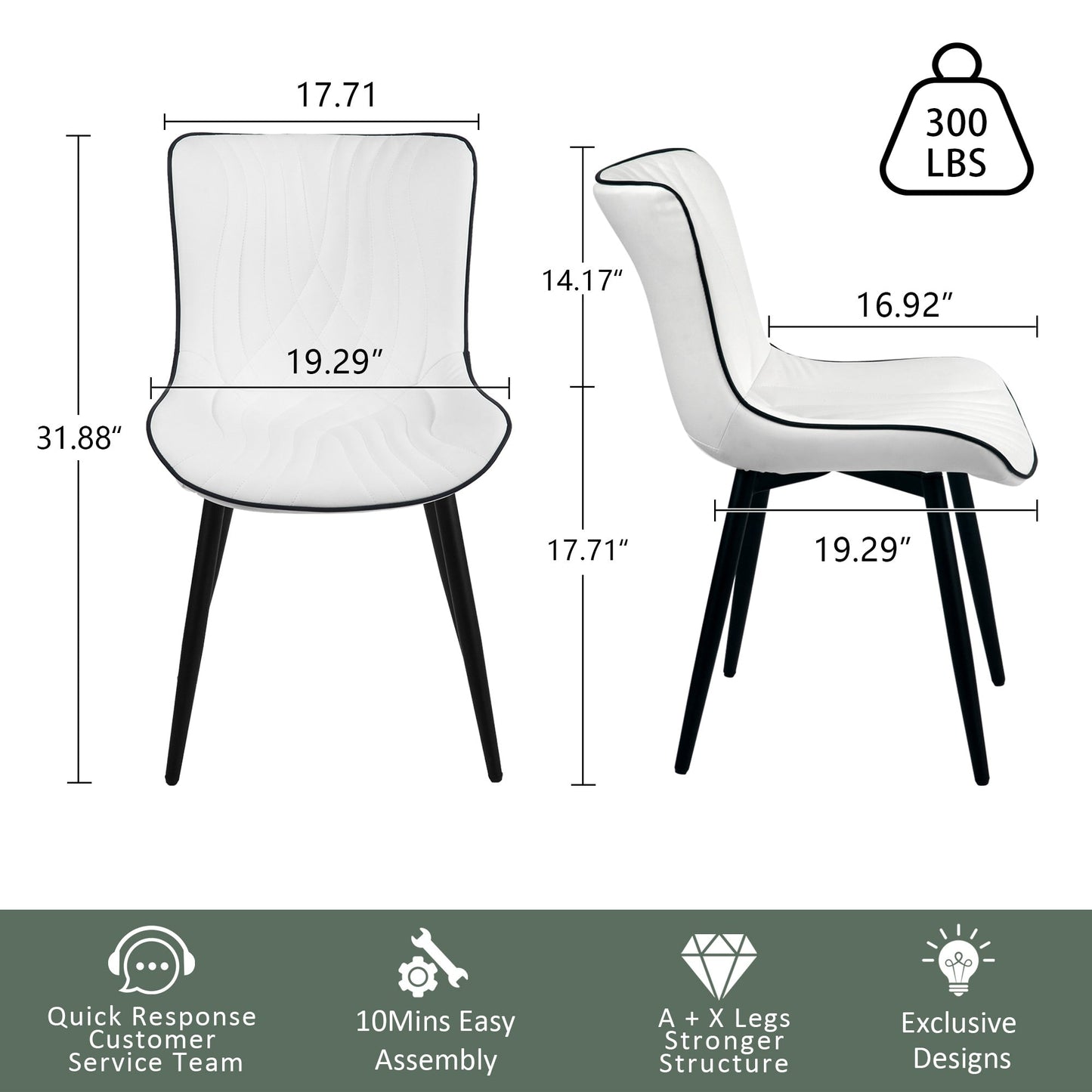 Lot de 2 chaises de salle à manger modernes en cuir capitonné sans accoudoirs