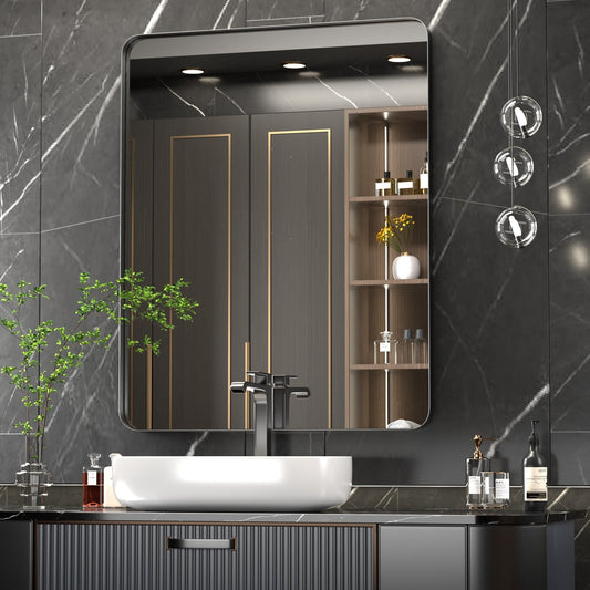 Miroir mural moderne, miroir rectangulaire avec cadre en métal, miroir de salle de bain avec coins arrondis, miroir de coiffeuse pour orientation verticale/horizontale.