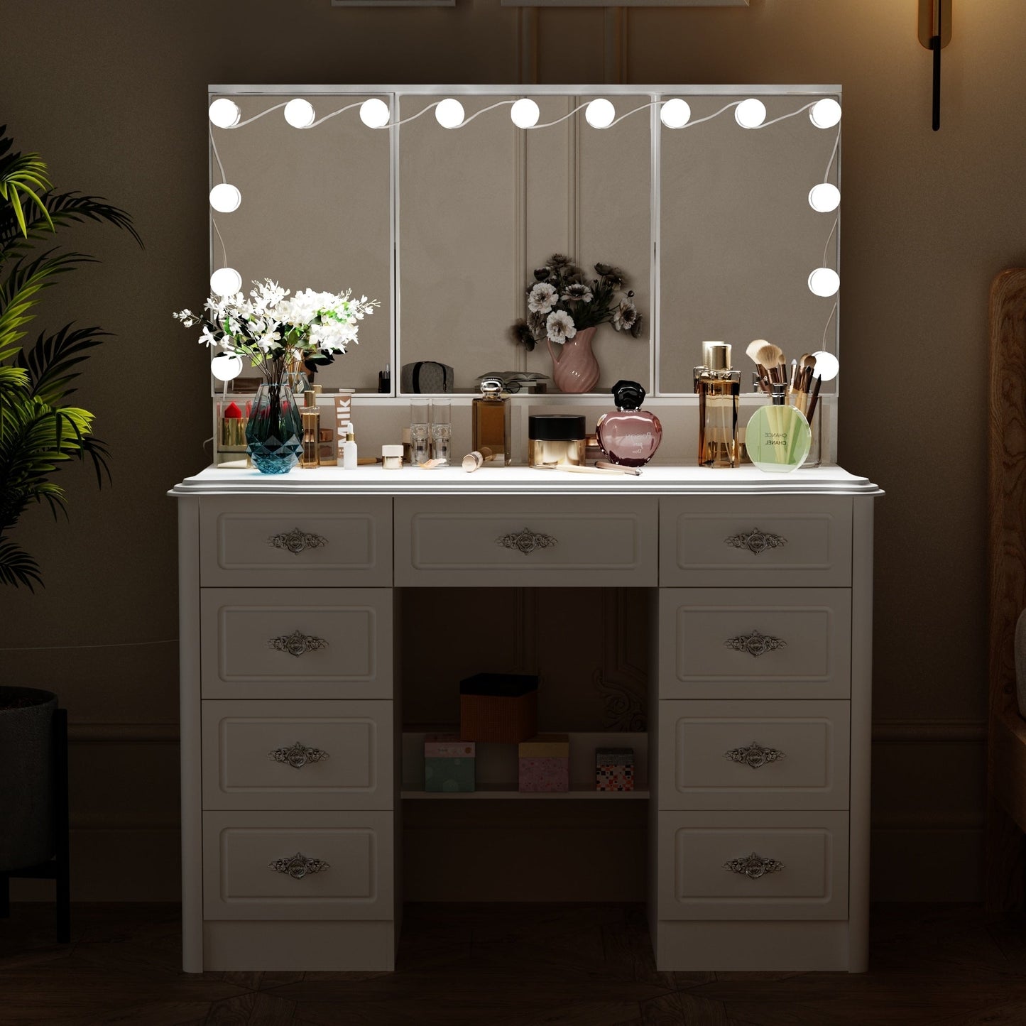 Coiffeuse moderne blanche avec miroir pliable, éclairage réglable - 40,2x54,1