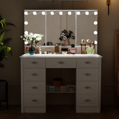 Coiffeuse moderne blanche avec miroir pliable, éclairage réglable - 40,2x54,1