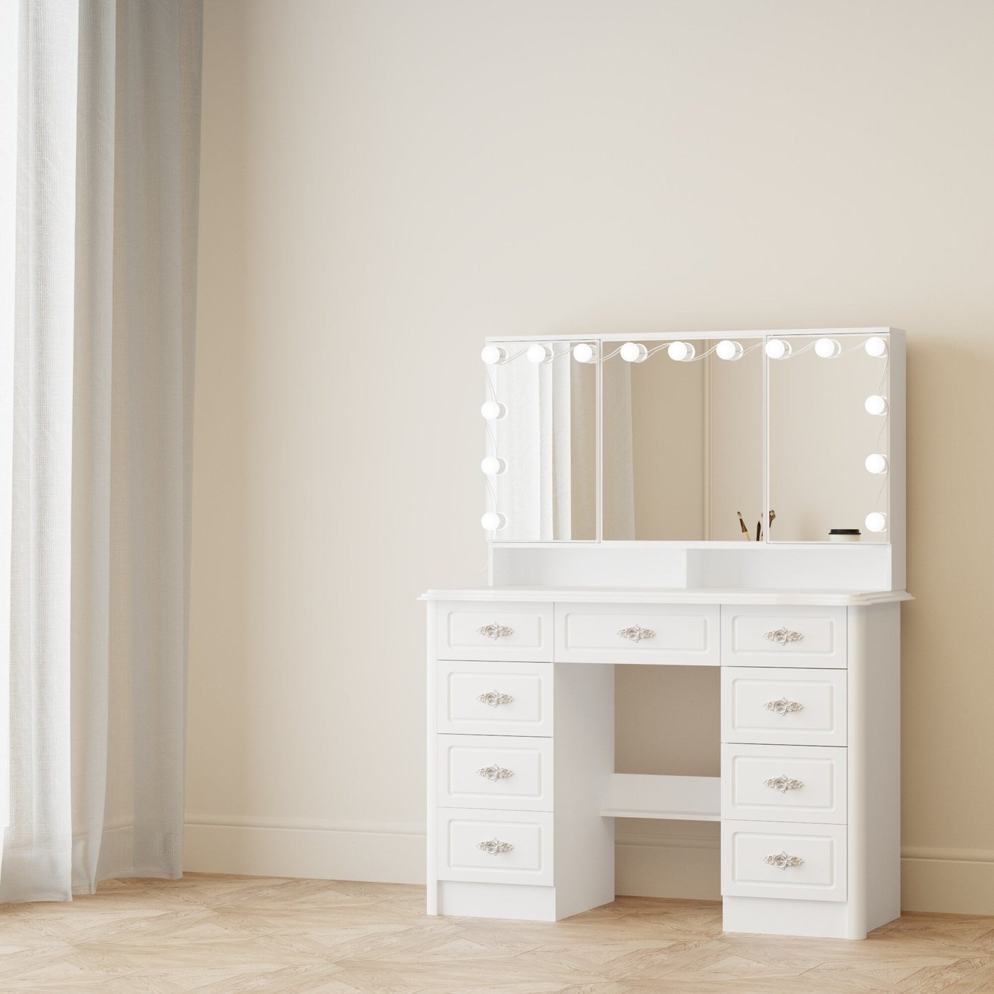 Coiffeuse moderne blanche avec miroir pliable, éclairage réglable - 40,2x54,1