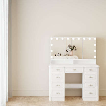 Coiffeuse moderne blanche avec miroir pliable, éclairage réglable - 40,2x54,1