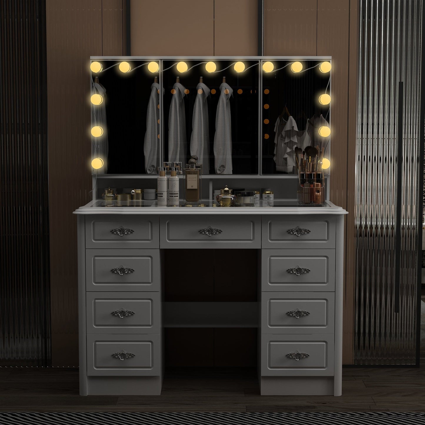 Coiffeuse moderne blanche avec miroir pliable, éclairage réglable - 40,2x54,1