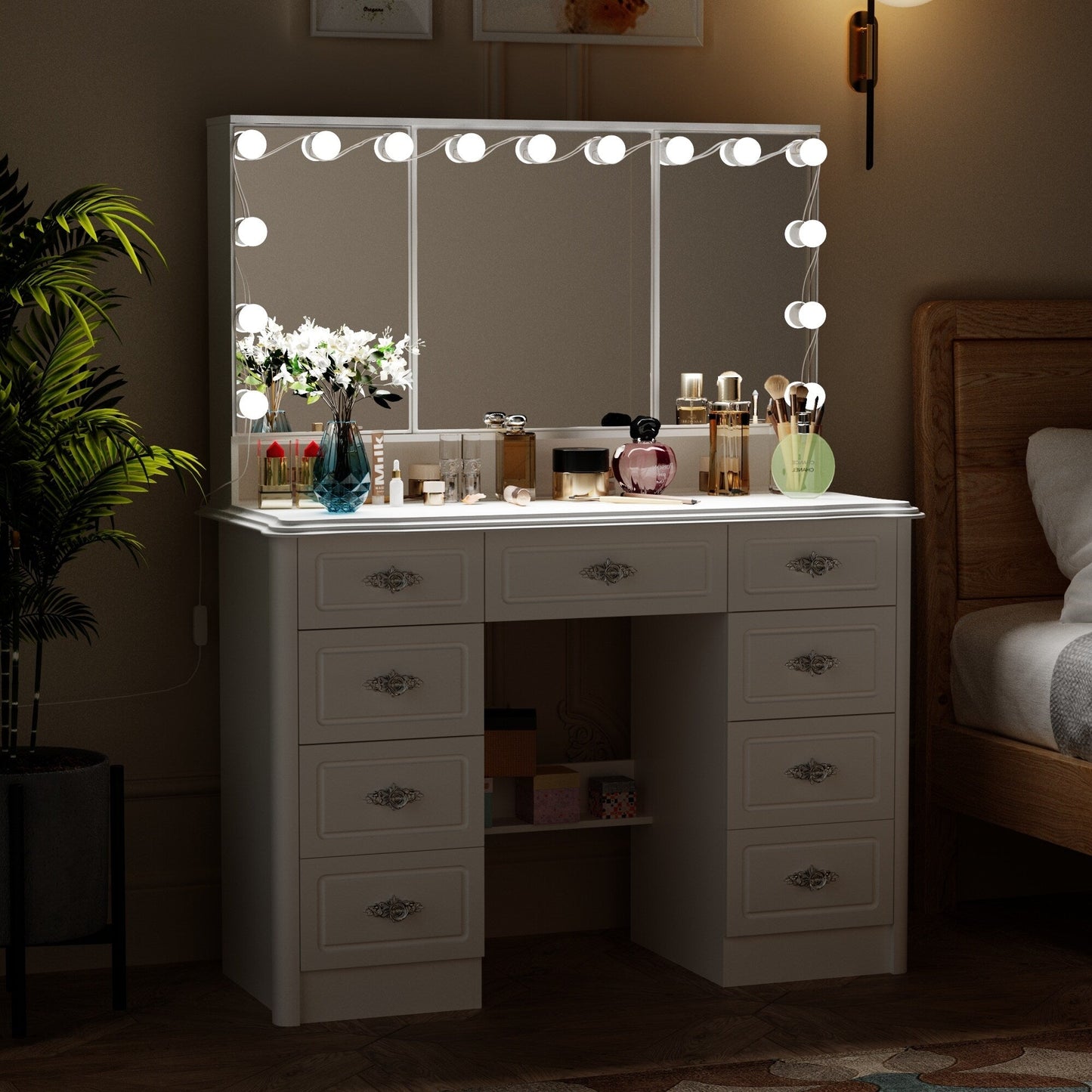 Coiffeuse moderne blanche avec miroir pliable, éclairage réglable - 40,2x54,1