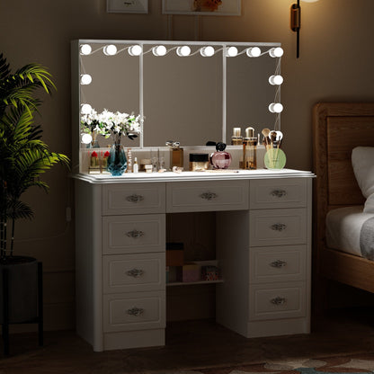 Coiffeuse moderne blanche avec miroir pliable, éclairage réglable - 40,2x54,1
