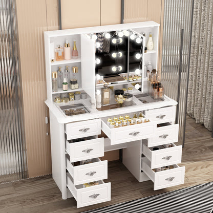Coiffeuse moderne blanche avec miroir pliable, éclairage réglable - 40,2x54,1