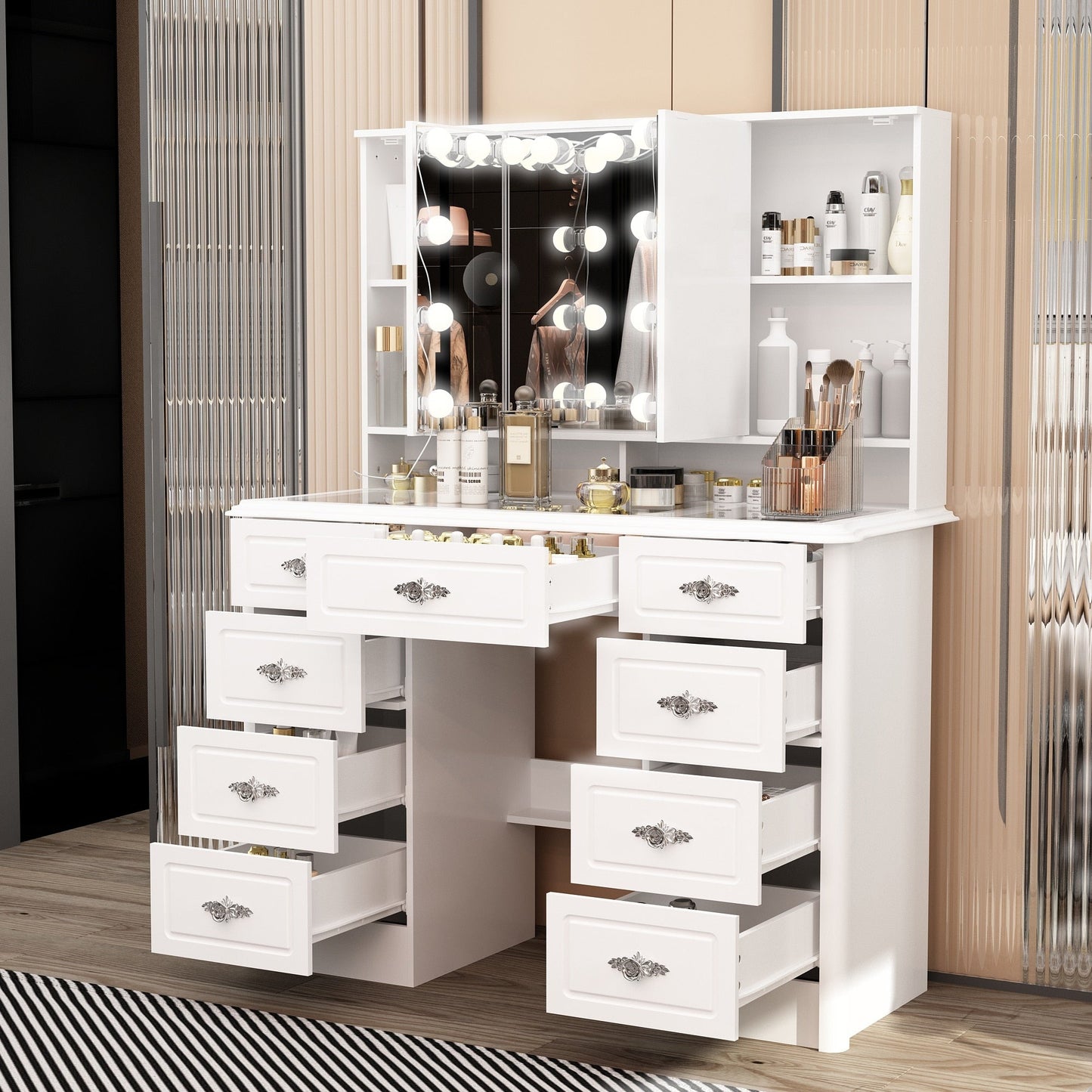 Coiffeuse moderne blanche avec miroir pliable, éclairage réglable - 40,2x54,1