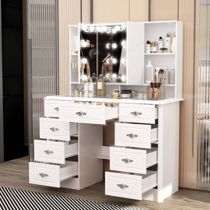 Coiffeuse moderne blanche avec miroir pliable, éclairage réglable - 40,2x54,1