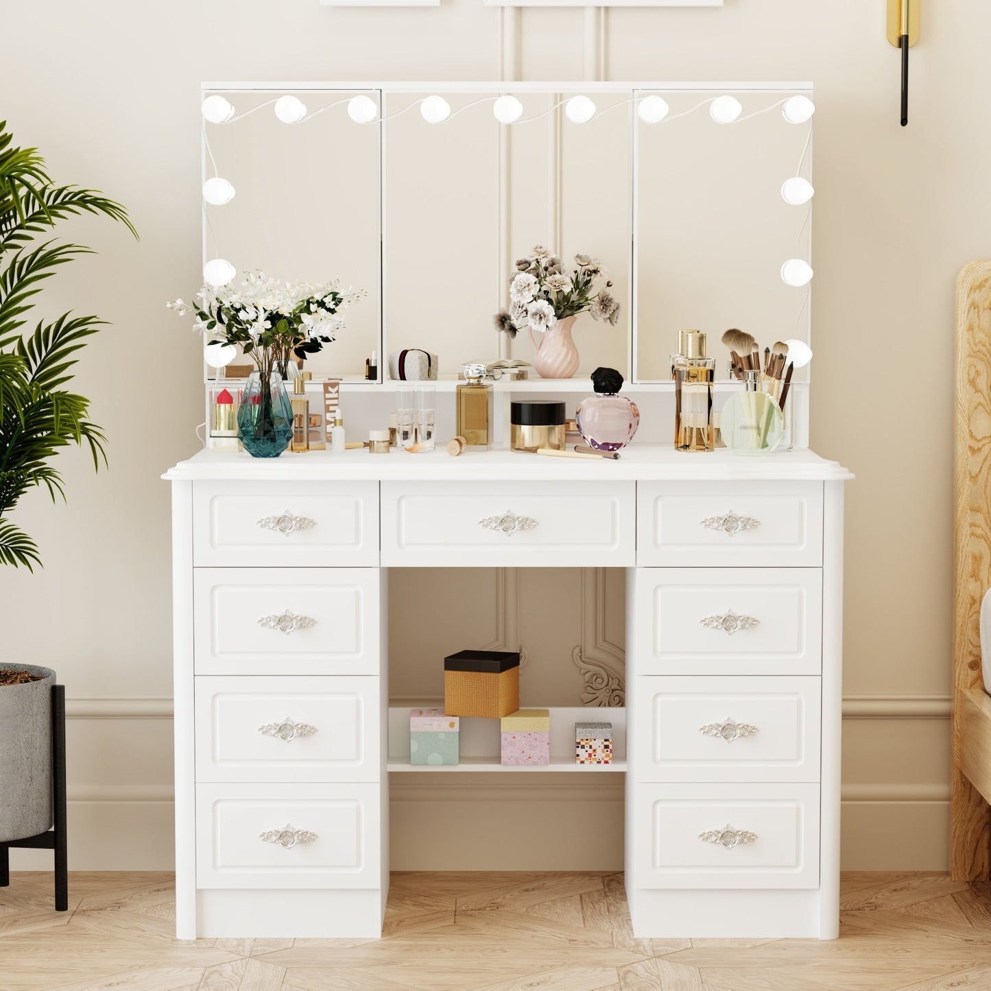 Coiffeuse moderne blanche avec miroir pliable, éclairage réglable - 40,2x54,1