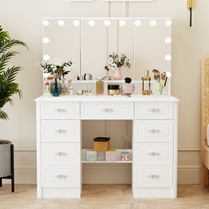 Coiffeuse moderne blanche avec miroir pliable, éclairage réglable - 40,2x54,1