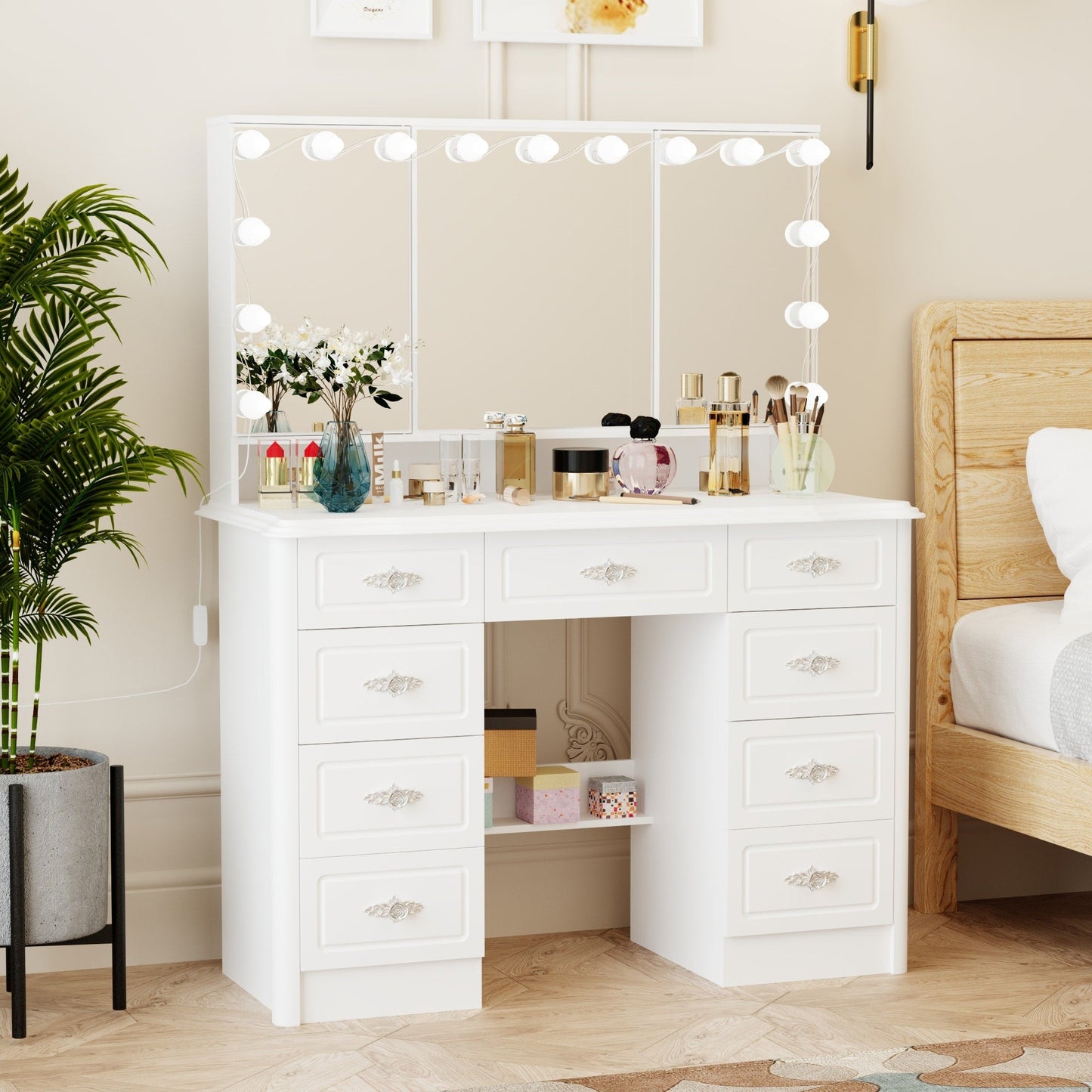 Coiffeuse moderne blanche avec miroir pliable, éclairage réglable - 40,2x54,1