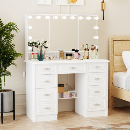 Coiffeuse moderne blanche avec miroir pliable, éclairage réglable - 40,2x54,1