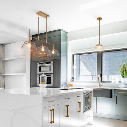 Luminaire suspendu linéaire à 3 lumières en verre perlé, style moderne, couleur or, pour salle à manger.