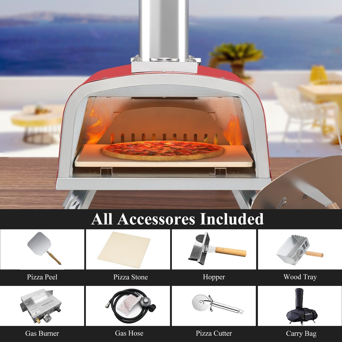 Four à pizza extérieur multi-combustible, cuiseur à pizza sur pierre avec brûleur à gaz et foyer à bois - 30 cm (12 pouces)