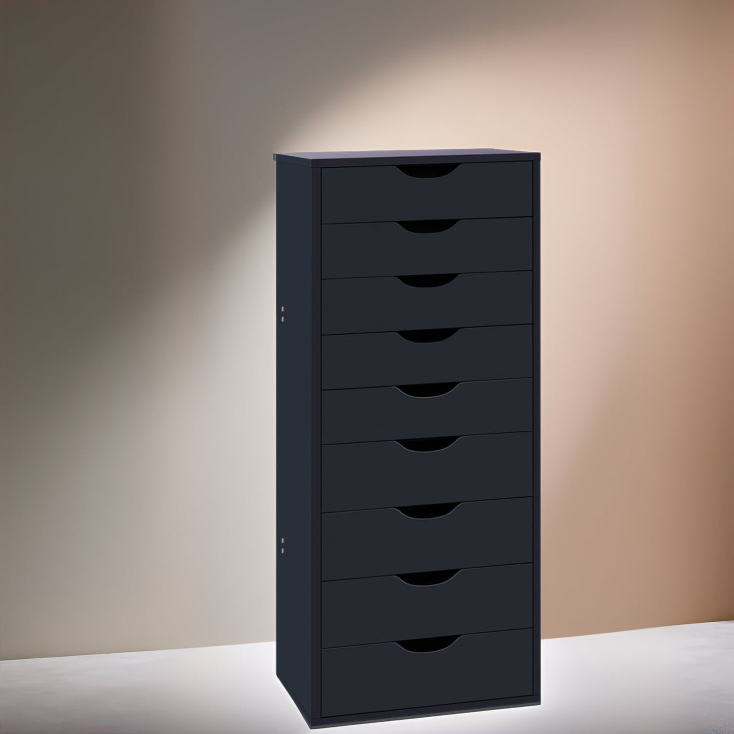 Armoire étroite en bois à 9 tiroirs avec tiroirs à coulisses fluides et étagère de rangement supérieure.
