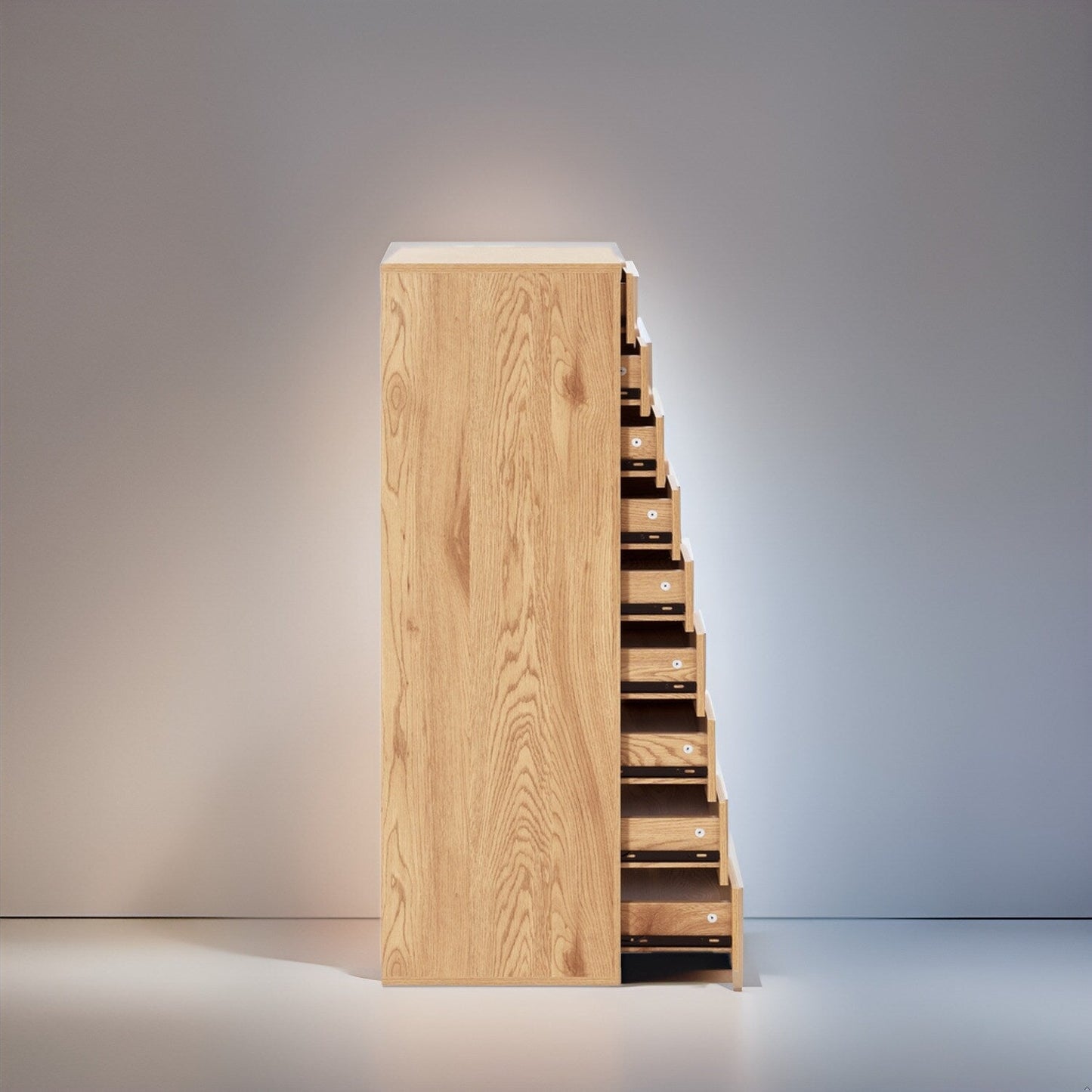Armoire étroite en bois à 9 tiroirs avec tiroirs à coulisses fluides et étagère de rangement supérieure.