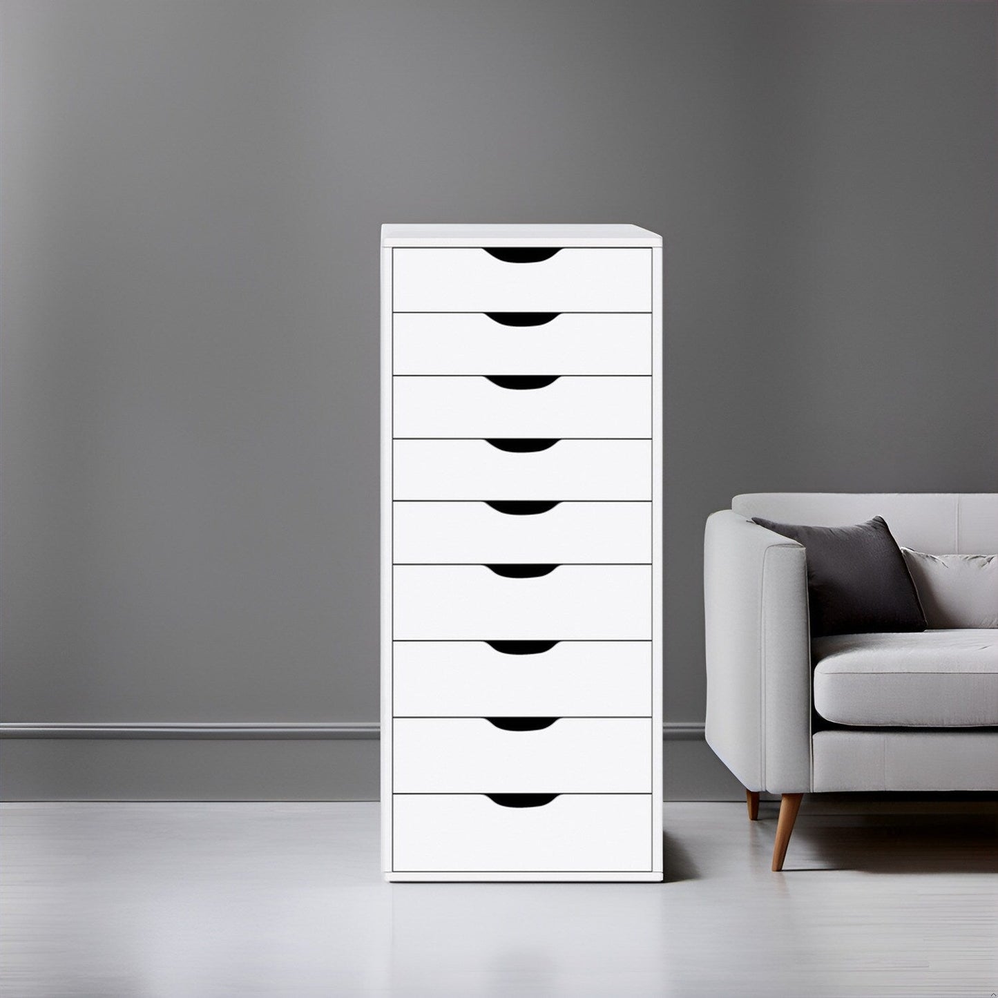 Armoire étroite en bois à 9 tiroirs avec tiroirs à coulisses fluides et étagère de rangement supérieure.