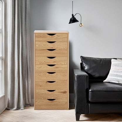 Armoire étroite en bois à 9 tiroirs avec tiroirs à coulisses fluides et étagère de rangement supérieure.