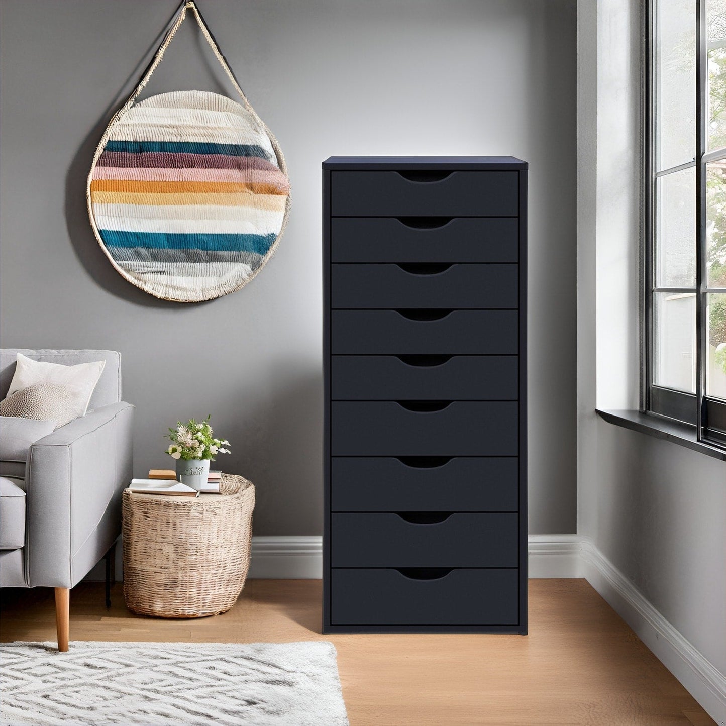 Armoire étroite en bois à 9 tiroirs avec tiroirs à coulisses fluides et étagère de rangement supérieure.