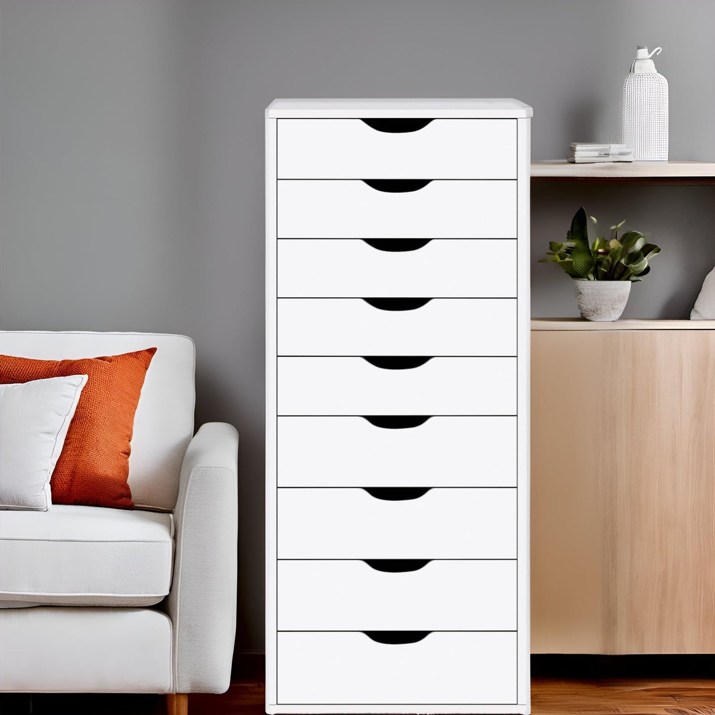 Armoire étroite en bois à 9 tiroirs avec tiroirs à coulisses fluides et étagère de rangement supérieure.