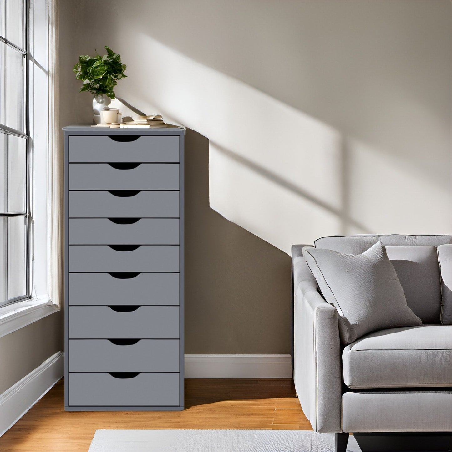 Armoire étroite en bois à 9 tiroirs avec tiroirs à coulisses fluides et étagère de rangement supérieure.