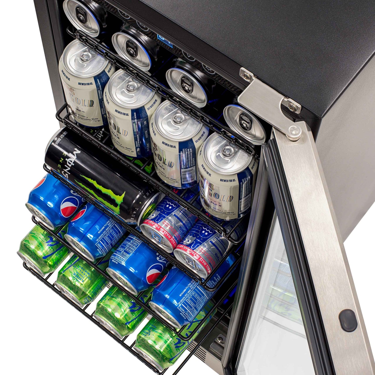 Réfrigérateur à boissons encastrable Newair de 15 pouces, capacité de 96 canettes, en acier inoxydable, avec commandes de température et étagères réglables.