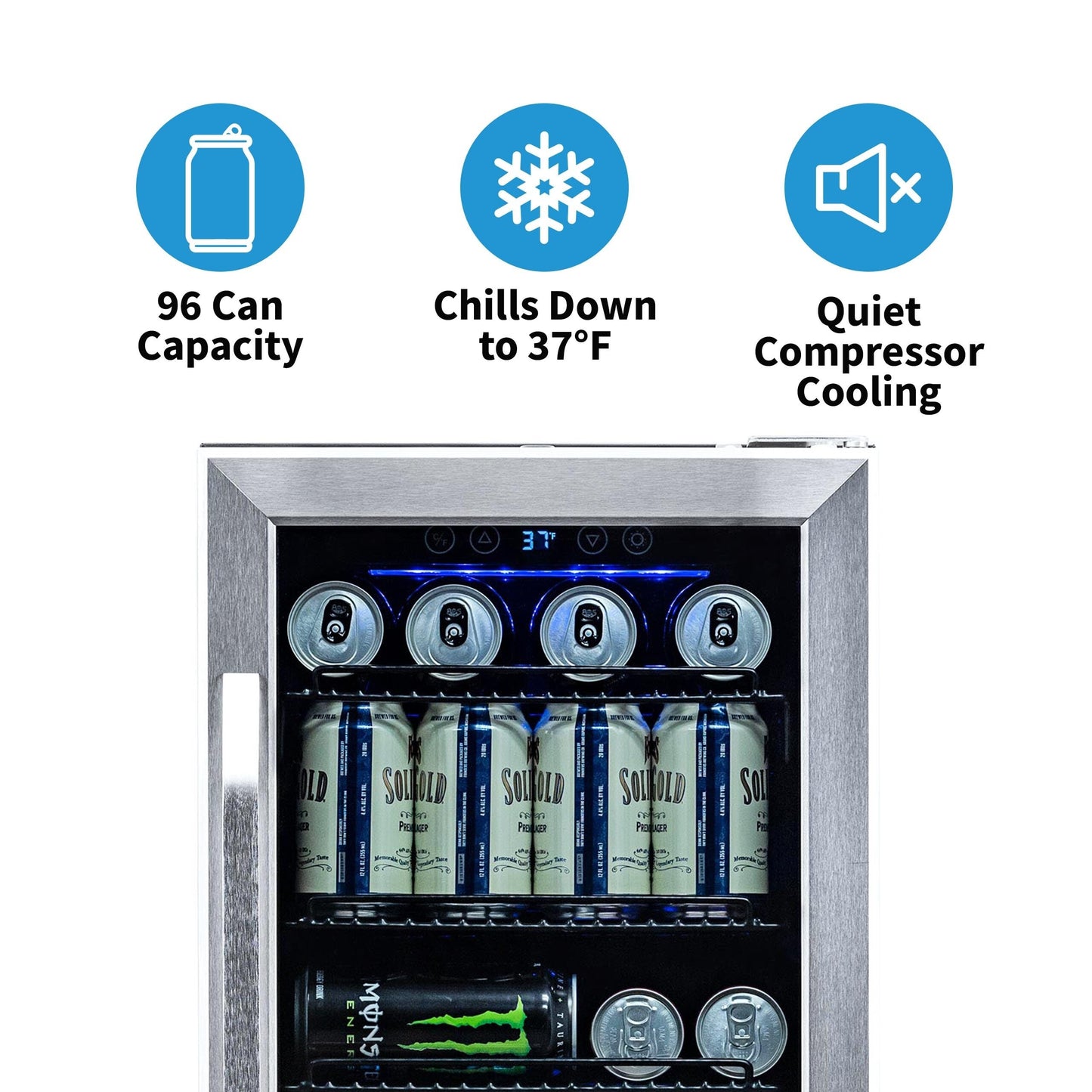 Réfrigérateur à boissons encastrable Newair de 15 pouces, capacité de 96 canettes, en acier inoxydable, avec commandes de température et étagères réglables.
