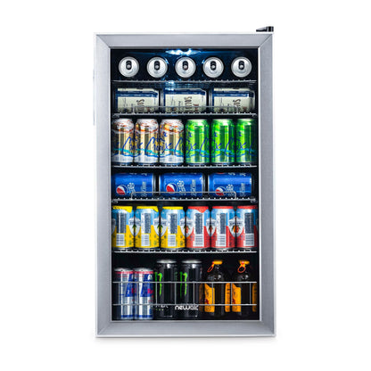 Réfrigérateur à boissons Newair, capacité de 126 canettes, mini réfrigérateur avec porte en verre et étagères réglables, acier inoxydable