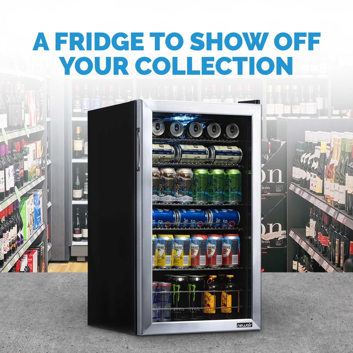 Réfrigérateur à boissons Newair, capacité de 126 canettes, mini réfrigérateur avec porte en verre et étagères réglables, acier inoxydable