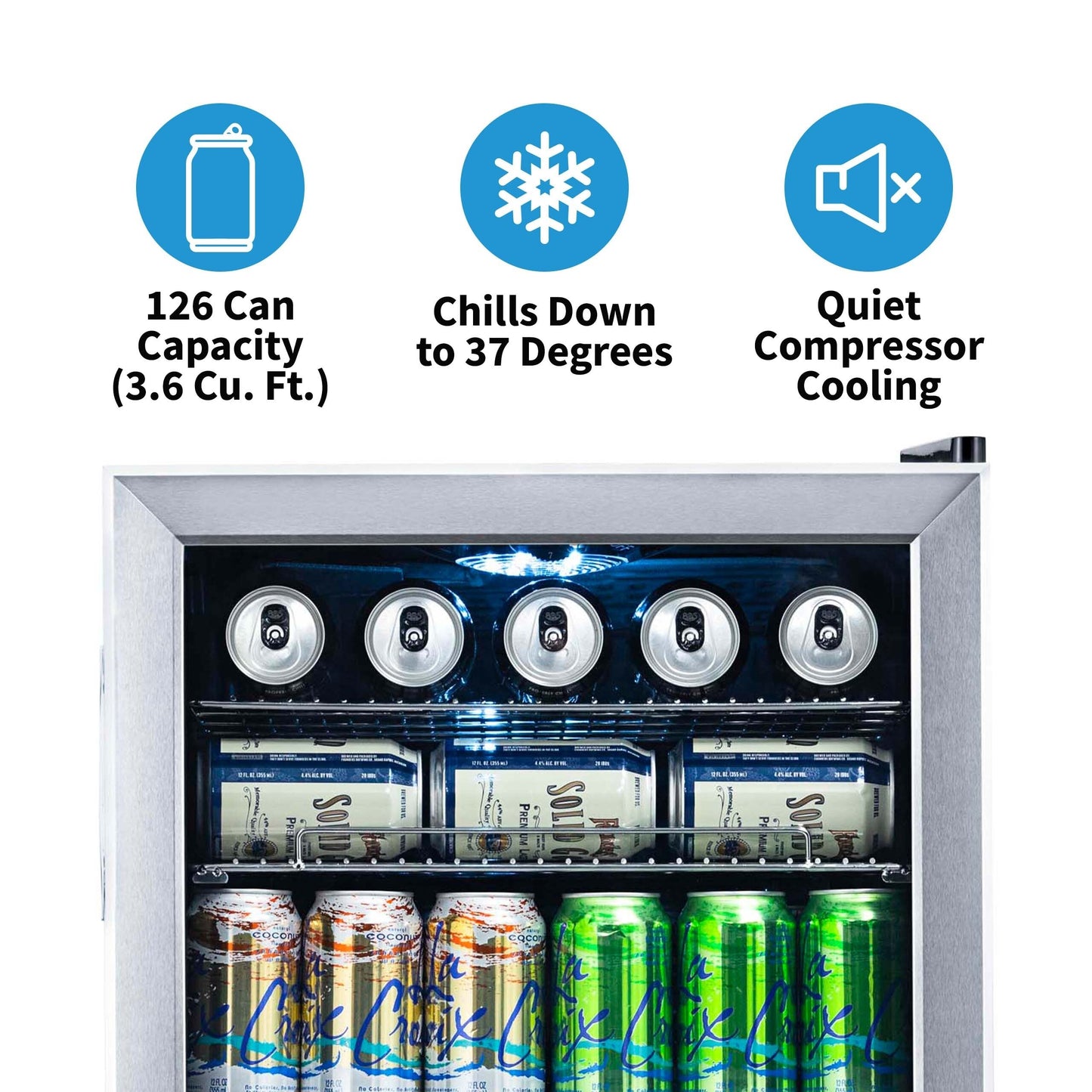 Réfrigérateur à boissons Newair, capacité de 126 canettes, mini réfrigérateur avec porte en verre et étagères réglables, acier inoxydable