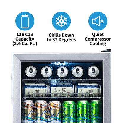 Réfrigérateur à boissons Newair, capacité de 126 canettes, mini réfrigérateur avec porte en verre et étagères réglables, acier inoxydable