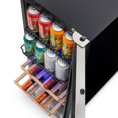 Cave à vin et à boissons intégrée NewAir SplitShelf pour 9 bouteilles de vin et 48 canettes, réfrigérateur en acier inoxydable.