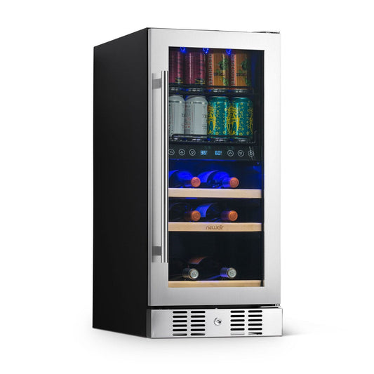 Cave à vin et à boissons intégrée NewAir SplitShelf pour 9 bouteilles de vin et 48 canettes, réfrigérateur en acier inoxydable.