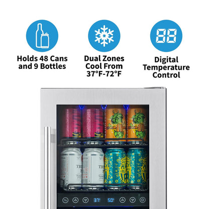 Cave à vin et à boissons intégrée NewAir SplitShelf pour 9 bouteilles de vin et 48 canettes, réfrigérateur en acier inoxydable.