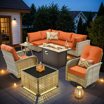 OVIOS Ensemble de 9 pièces en rotin pour extérieur avec chaise pivotante et table à feu.
