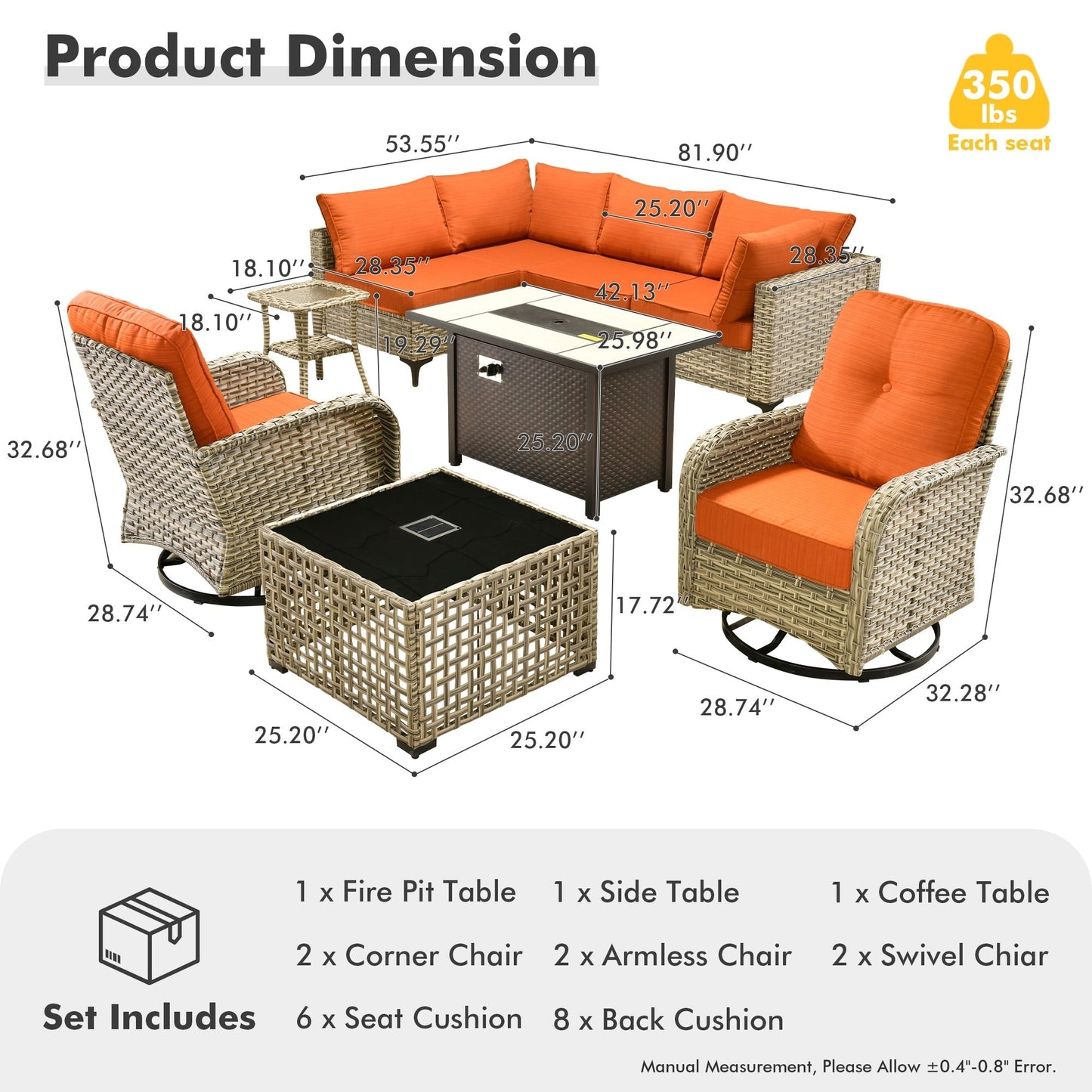 OVIOS Ensemble de 9 pièces en rotin pour extérieur avec chaise pivotante et table à feu.