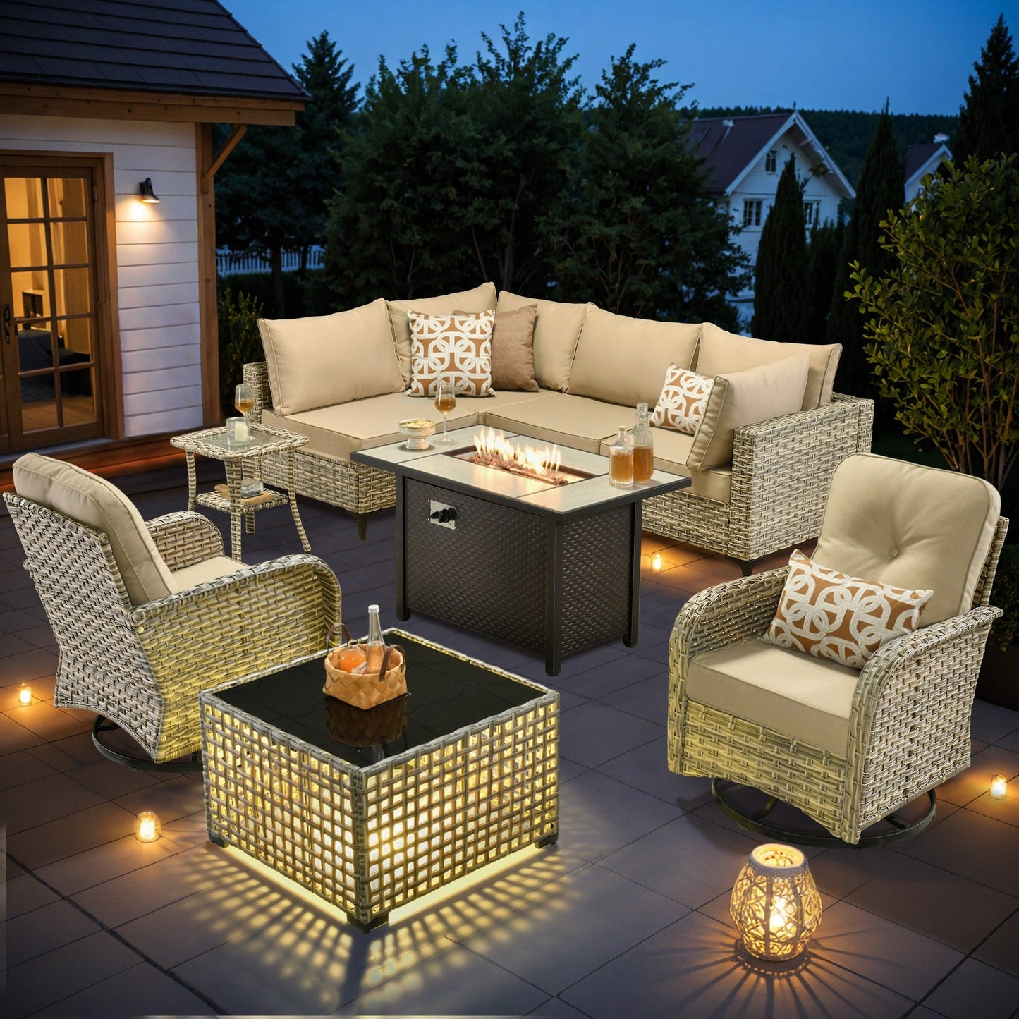 OVIOS Ensemble de 9 pièces en rotin pour extérieur avec chaise pivotante et table à feu.